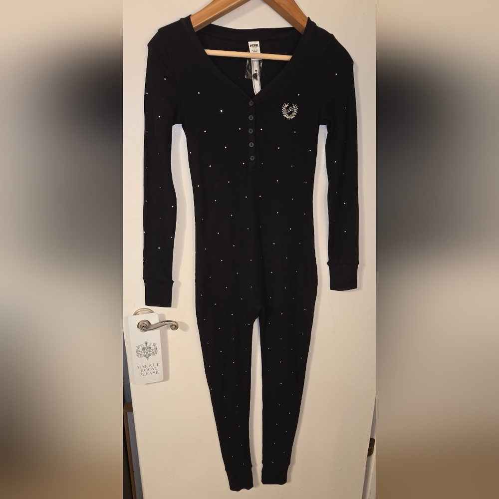 Rhinestone Studded Bling Waffle Weave Romper Pajamas Long Sleeve Thermal XS S - Picture 3 of 16